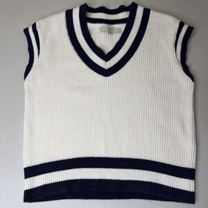 Ann Taylor LOFT XS Cream Knit Sweater Vest Navy Stripe V Neck Sleeveless Preppy